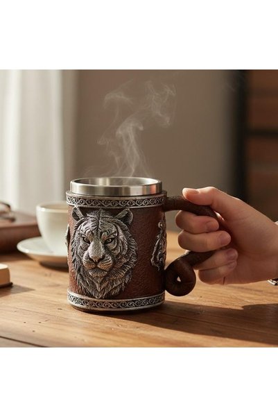 hediyesahibi 3D Kaplan Kafası Figürlü Metal Kupa Bardak