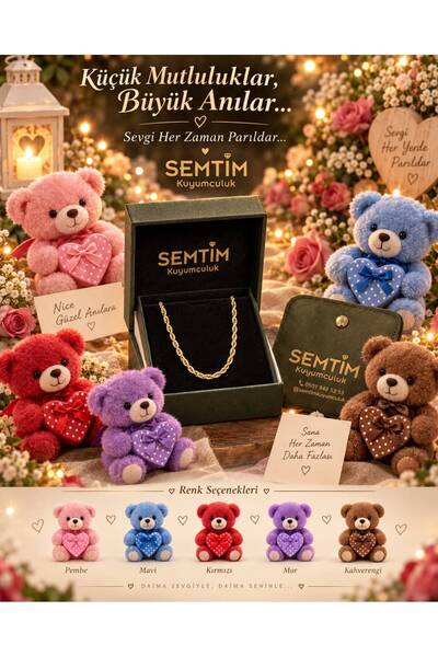 Semtim Kuyumculuk Burgu Halat Gold Zincir Kolye 70 cm & Kalpli Ayıcık Premium...