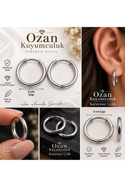 2 cm Gümüş Renk Çelik Halka Küpe – Zarif Minimal Tasarım, Kararma Yapmaz