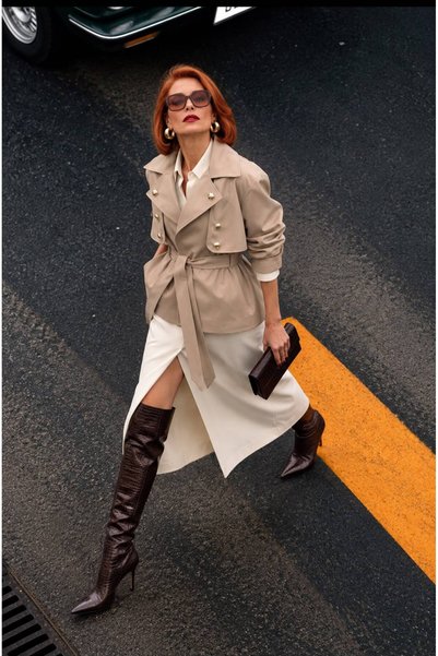 AsprinFashion معطف أنيق بأزرار وحزام مزدوج الصدر
