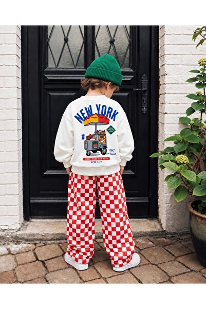 Erkek Çocuk Balık Baskılı Sweatshirt ve Kırmızı Damalı Bol Paça Eşofman Takımı
