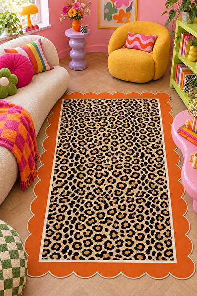 SionFabric Dijital Baskı Modern Leopar Desenli Özel Kesim Turuncu Dalgalı Ken...