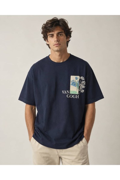 CANMODA Unisex Navy Blue Oversize Van Gogh Iris and Sunflower Back Print T-Sh...