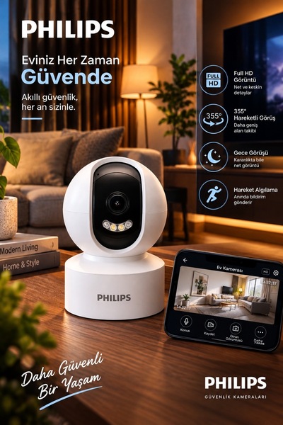 Philips ELVT Yeni Evcil hayvan kontrolü Full Hd Akıllı Ev Kamerası | 355° Pan...