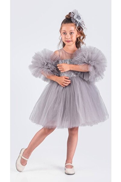 MİSS RONA KİDS Girls' Sequined Puff Sleeves Pompom Tulle Fluffy Tutu Dress Bi...