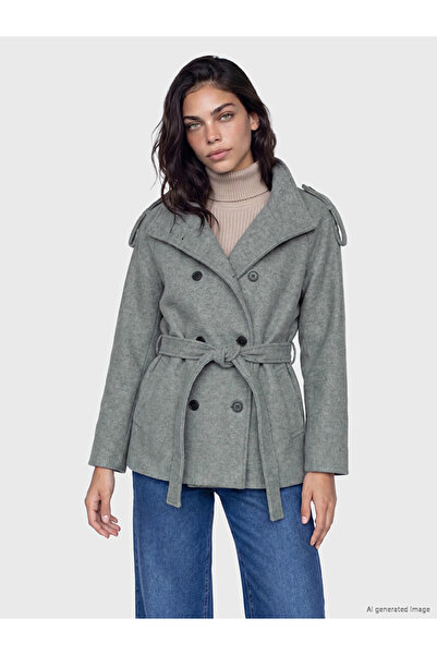 LC Waikiki Gri Kuşaklı Oversize Kadın Kaşe Kaban