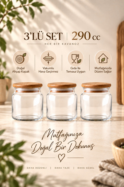Woodcept. Sora Set of 3 Wooden Vacuum Lid Glass Spice Jar Storage Jar Natural...