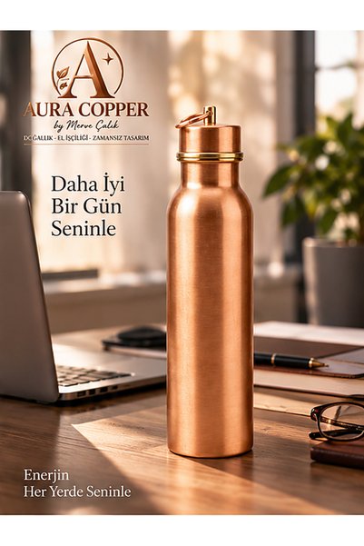 AURA COPPER Copper Flask 600 ml – Handmade Water Bottle with Tin Inside and Leak-Proof Lid