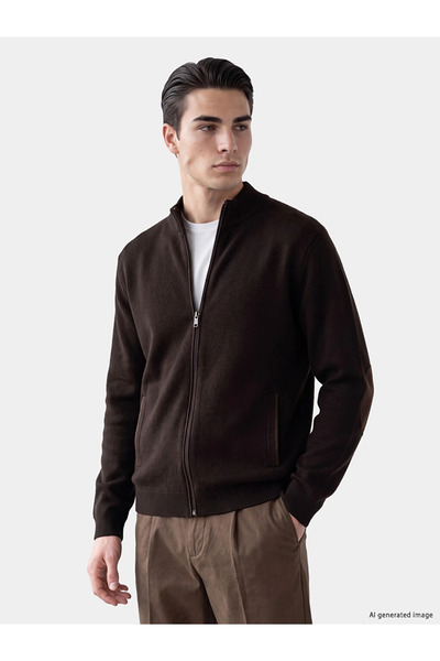 LC Waikiki Brown Regular High Collar Men's Knitwear Cardigan