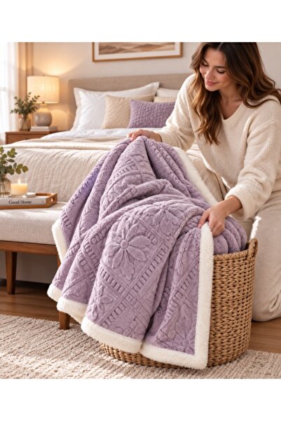 Pucioasa Pătură Cocolino cu blană Sherpa, model romb floral în relief, Lila, ...