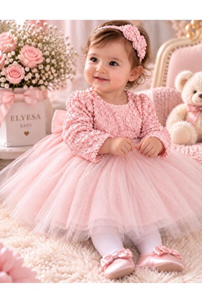 Elyesa Baby Kız Bebek Abiye kat kat tül - pamuk astar - Zarif Tasarım pudra-e...