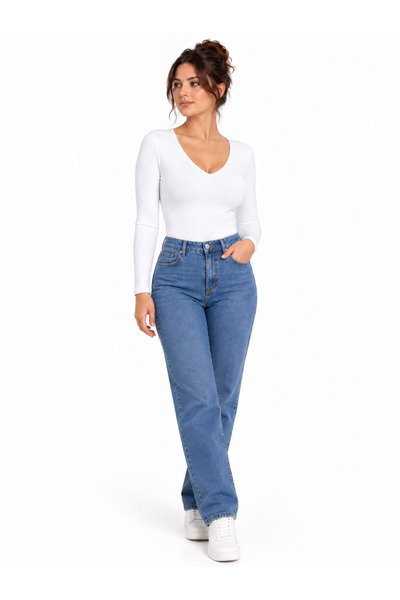 Genel Markalar Kadın Beyaz V Yaka Uzun Kollu Slim Fit Pamuklu Ultra Soft Likr...