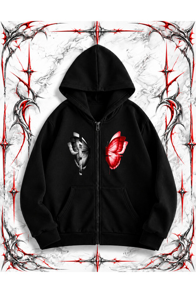 dompulerimoda Butterfly Effect Tattoo Sketch Oversize Zippered Black Unisex H...