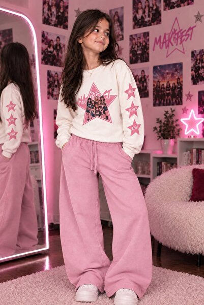 Genel Markalar Kız Çocuk Manifest Temalı Oversize Sweatshirt ve Bordo Bol Paç...