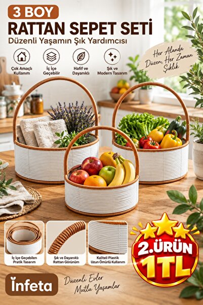 İnfeta 3-Piece White Plastic Rattan Basket Set with Brown Handles Multi-Purpo...