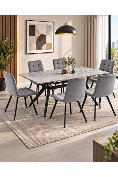 TrentonGCC Modern Wooden Dining Table with 6 Velvet Chairs – 6 Seater Dining ...