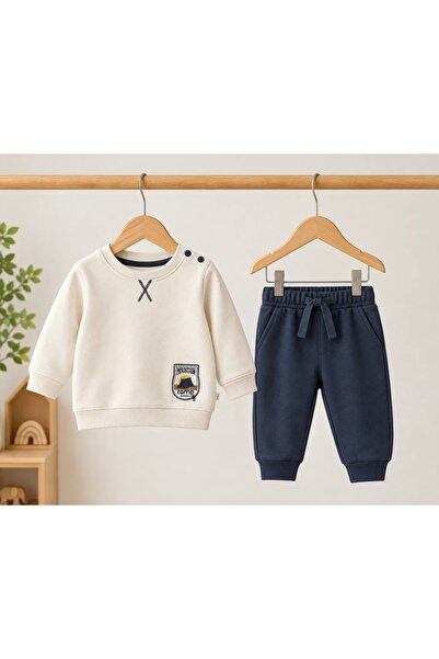Erkek Bebek Ekru Mountain Camp Sweatshirt Lacivert Jogger Takım