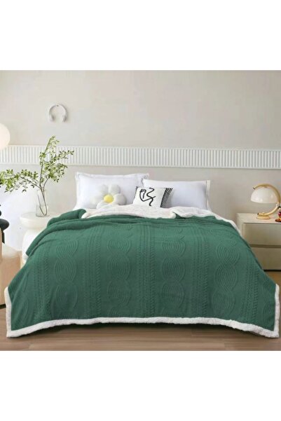 Pucioasa Pătură Cocolino cu blană Sherpa, Model tricotat în relief, Verde înc...