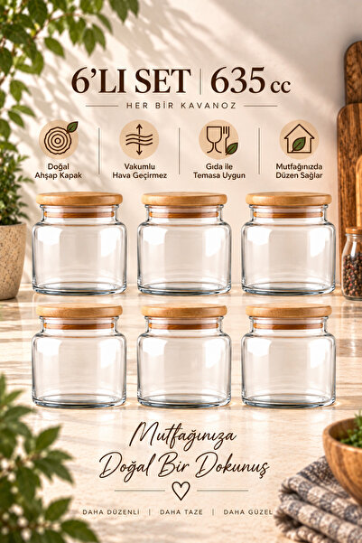 Woodcept. Sora Set of 6 Wooden Vacuum Lid Glass Tea, Sugar, Coffee Storage Ja...