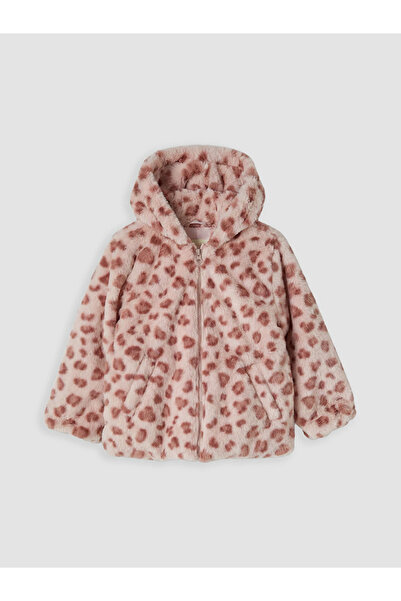 LC Waikiki Pembe Desenli Kapüşonlu Kız Çocuk Pelüş Mont