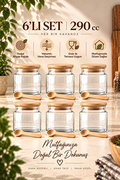 Woodcept. Sora Set of 6 Wooden Vacuum Lid Glass Spice Jar Storage Jars Natura...