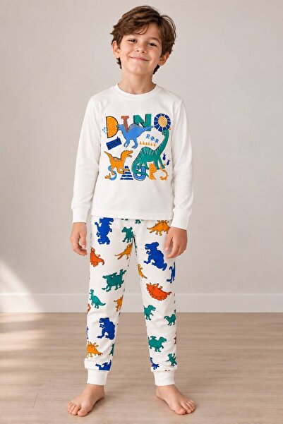 paytak kids Erkek Çocuk %100 Pamuklu Beyaz Dinozorlar Desenli Uzun Kollu Kışl...