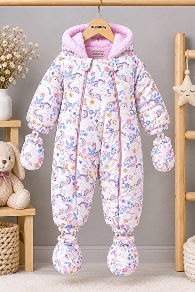 DeKuBaby Yeni Sezon Unicorn Desenli Patikli Kapüşonlu Welsoft Kışlık Kız Bebe...