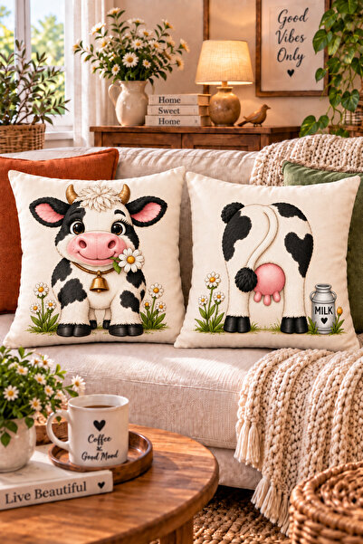 ayshome textile Dijital Baskı Esprili İnek Desen 2'Li Kırlent Kılıfı Seti (hediyelik ev bahçe)