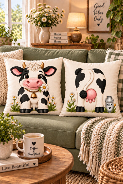 ayshome textile Dijital Baskı Esprili İnek Desen 2'Li Kırlent Kılıfı Seti (hediyelik ev bahçe)