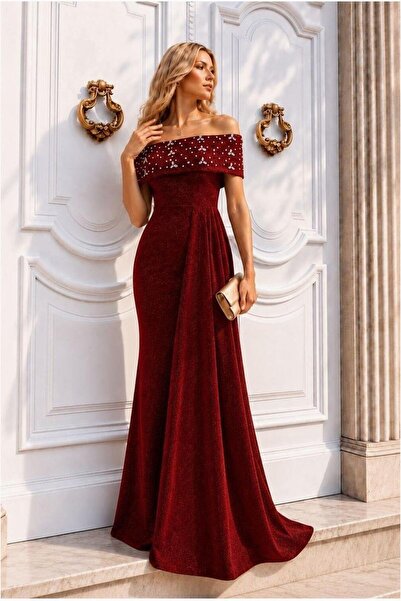 Butik Kadın Trend Degaje Yaka Dekolteli Maxi Uzun Kollu Abiye Elbise