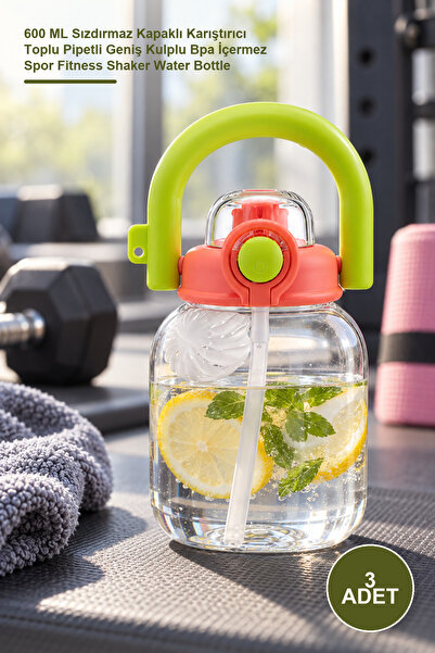 3 Adet Sporcu Matarası – 600 ML Sızdırmaz Kapaklı Karıştırıcı Toplu Pipetli Geniş Kulplu Bpa İçermez Spor Fitness Shaker Water Bottle