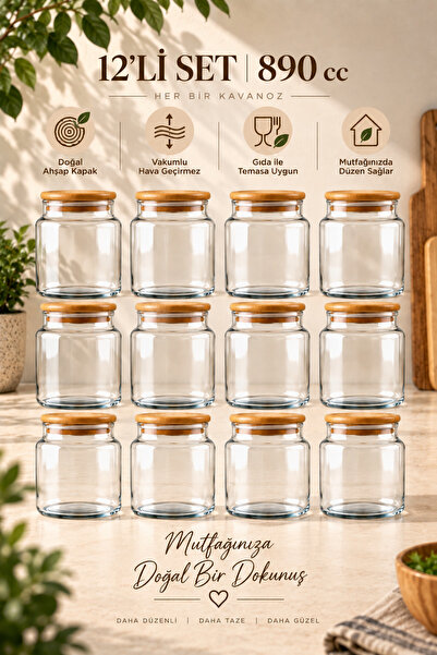 Woodcept. Sora Set of 12 Wooden Vacuum Lid Glass Legume Storage Jars Natural ...