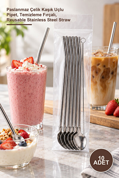 Yenilig 10-Piece Metal Straw Set with Spoons – Stainless Steel Straw with Spo...