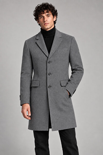 Maison Rae Erkek Antrasit, Slim Fit Kaşe Kaban – Klasik Yaka 3 Düğmeli Uzun K...