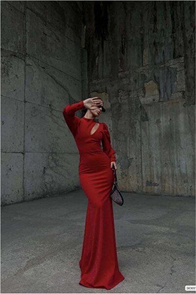 Şeker Portakalım Glittery Maxi Low-Cut Evening Dress Fabric Dress with Degaje...