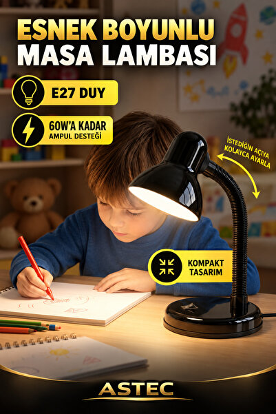 ASTEC Esnek Yön Ayarlı Modern Ofis/Çalışma Masası Siyah Masa Lambası E27 Duylu Spiral Kaliteli