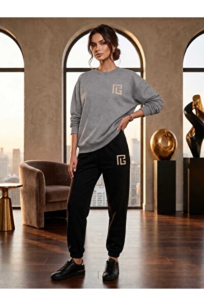 CLOTHES33 Trening cu guler rotund, set din 2 piese, de iarnă, cu imprimeu GT ...