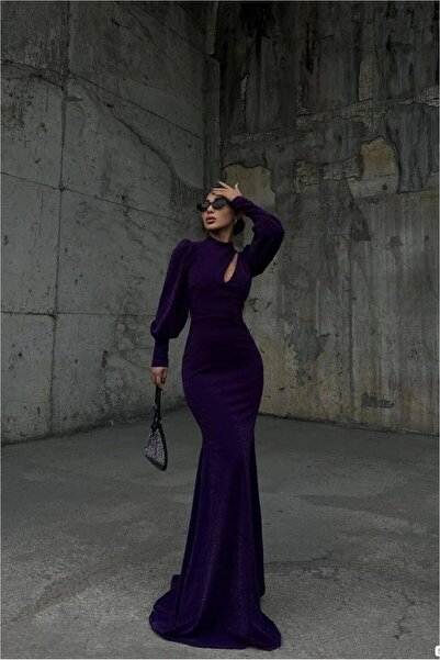 Şeker Portakalım Glittery Maxi Low-Cut Evening Dress Fabric Dress with Degaje...