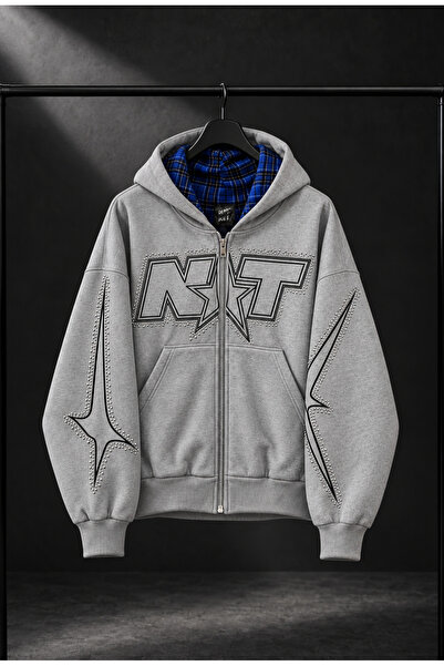 DEEFWEAR Star Baskılı Fermuarlı Kapüşonlu Yüksek Yaka Streetwear Sweatshirt