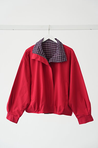 BLACKPERA New Bomber Çift Taraflı Cepli Ekoseli Kırmızı Bomber Ceket