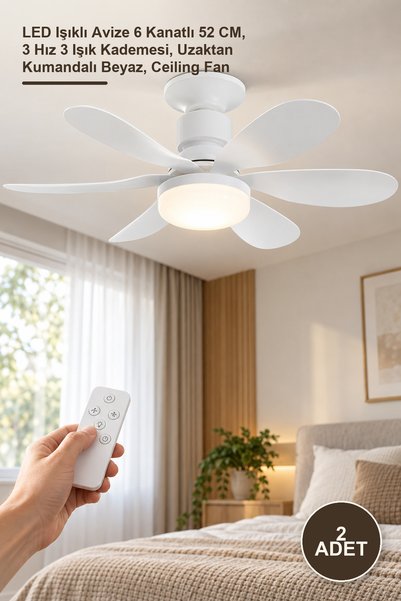 Yenilig 2 Adet Tavan Vantilatörü – LED Işıklı Avize 6 Kanatlı 52 CM, 3 Hız 3 Işık Kademesi, Uzaktan Kumandalı Beyaz, Ceiling Fan