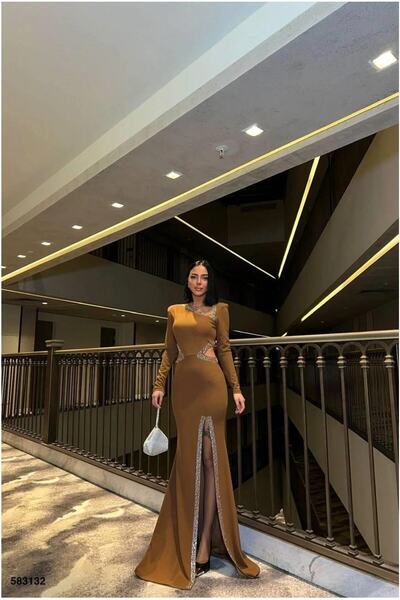Şeker Portakalım Cycling Detailed Evening Dress Stone Dress Collar Long Sleeves