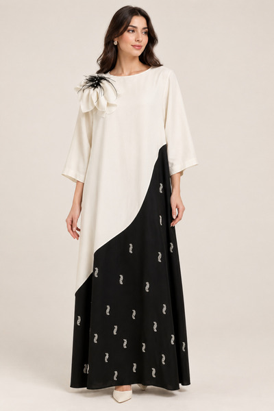 SERPİL Crepe Satin Dress with a Loose-Fitting Jubah Cut, Black and White Inte...