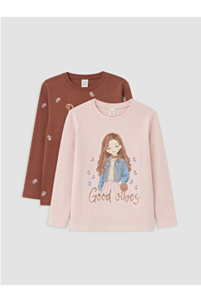 LC Waikiki Pink Crew Neck Printed Girl's T-Shirt Pack of 2