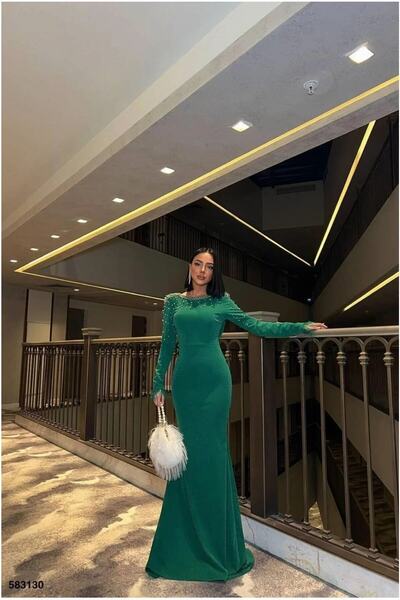 Şeker Portakalım Crepe Low-Cut Evening Dress Fabric Dress Degaje Collar