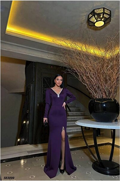 Şeker Portakalım V Detailed Evening Dress Stone Dress Collar Long Sleeves
