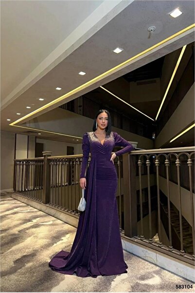 Şeker Portakalım Double-Breasted Detailed Evening Dress with Stone Collar and...