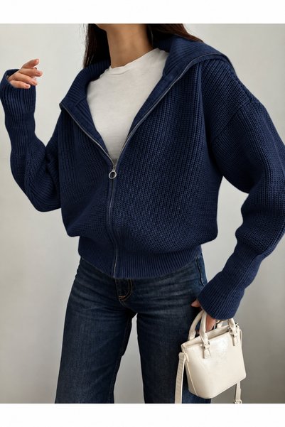 pepule Women's Oversize High Collar Zippered Knitwear Cardigan