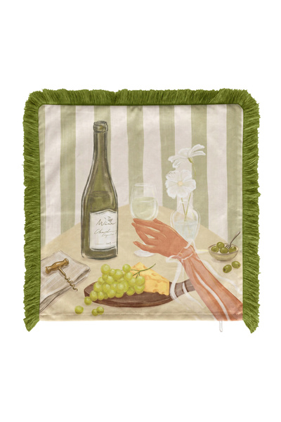 IdeCraft Verde Bistro Wine and Grape Patterned Striped Green Fringed Throw Pillow Cover