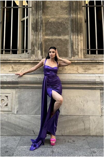 Şeker Portakalım Satin Slit Maxi Evening Dress Fabric Dress Collar Heart